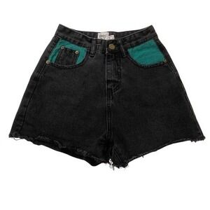 Princess‎ Polly High Waisted Black Denim Shorts w/ Green Pockets - 0
